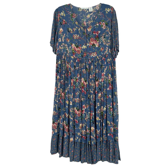 Vintage La Cera Floral Midi Dress Blue Pleated Cottagecore Short Sleeve Size L - Picture 1 of 9
